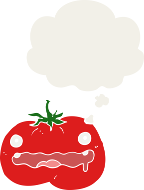 Düşünce baloncuklu karikatür domatesi insan tarafından çizilmiş.