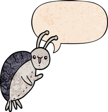 Konuşma baloncuğu olan karikatür böceği insan tarafından çizilmiş eski moda dokular.