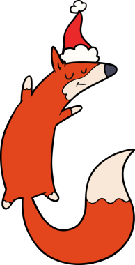 Bir insan tarafından çizilmiş Noel Baba şapkası giymiş zıplayan bir tilkinin el çizimi.