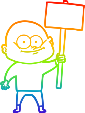 Gökkuşağı gradyan çizgi çizimi bir insan tarafından çizilmiş tabelayla bakan kel bir adamın çizimi.