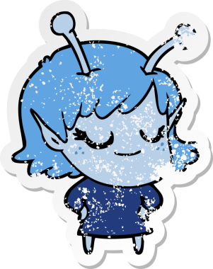 Bir insan tarafından çizilmiş gülümseyen uzaylı kız çizgi filminin sıkıntılı çıkartması.