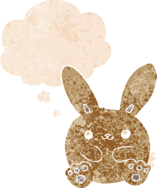 Düşünce baloncuklu çizgi film tavşanı grunge dertli eski moda bir insan tarafından çizilmiş.