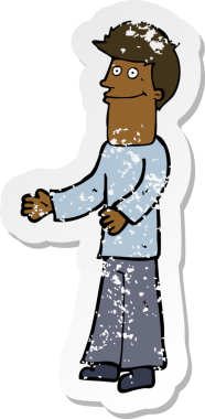 Bir insan tarafından çizilmiş omuzlarını silken bir çizgi film karakterinin gerilmiş çıkartması.