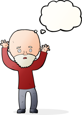 Karikatür sakallı adam bir insan tarafından çizilmiş düşünce balonuyla panikliyor.