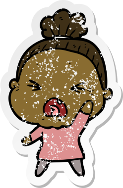 Bir insan tarafından çizilmiş kızgın yaşlı bir kadının sıkıntılı çıkartması.