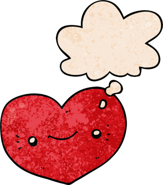 Kalp çizgi film karakteri, bir insan tarafından çizilmiş grunge desen tarzında bir düşünce balonu.