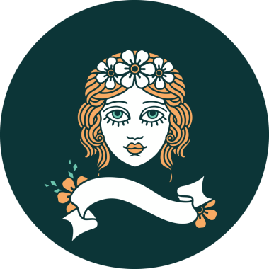 Bir insan tarafından çizilmiş saçlarında çiçekler olan bir bakirenin bayrağını taşıyan dövme stili simgesi