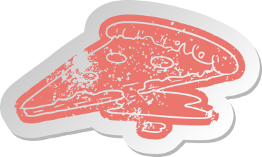 Bir insan tarafından çizilmiş bir dilim pizzanın sıkıntılı eski çizgi film etiketi.