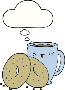 Bir insan tarafından çizilmiş düşünce balonlu kahve ve çörekler.