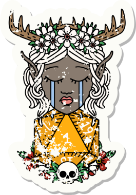 Retro Dövme Tarzı Ağlayan Elf Druid karakteri suratı Bir insan tarafından çizilmiş doğal bir D20 ruloyla