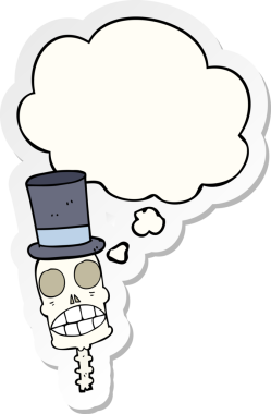 İnsan tarafından çizilmiş bir çıkartma olarak düşünce baloncuğu olan karikatürümsü kafatası.