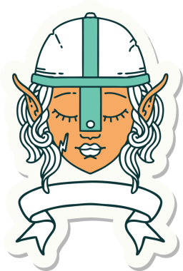 Bir elf savaşçısı karakterinin çıkartması, insan tarafından çizilmiş bir pankartıyla.