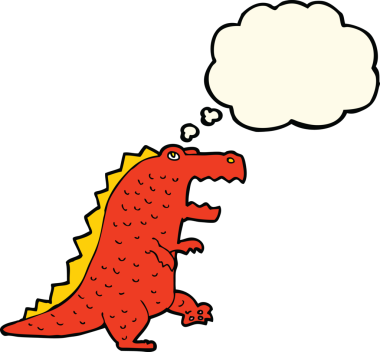 Bir insan tarafından çizilmiş düşünce baloncuklu bir dinozor.