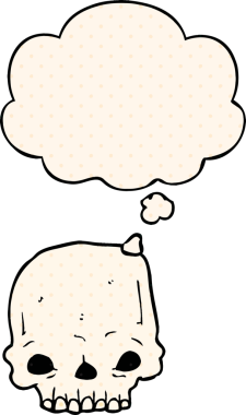 Çizgi roman tarzında bir insan tarafından çizilmiş düşünce baloncuğu olan karikatürümsü kafatası.