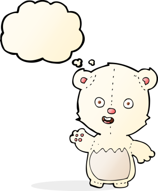 Bir insan tarafından çizilmiş düşünce baloncuğu ile kutup ayısı yavrusu sallayan çizgi film