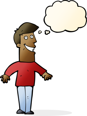 Bir insan tarafından çizilmiş düşünce baloncuğu ile sırıtan çizgi film adamı.