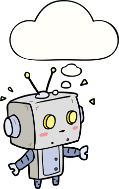 Bir insan tarafından çizilmiş düşünce baloncuklu çizgi film robotu