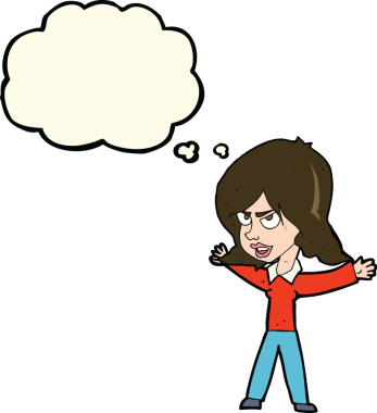 Bir insan tarafından çizilmiş düşünce balonuyla hareket eden karikatür kadın.