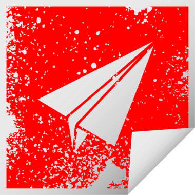 Bir insan tarafından çizilmiş kağıttan bir uçağın kare soyma etiketi.