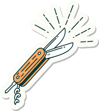 Bir insan tarafından çizilmiş dövme stili katlanır bıçak çıkartması.