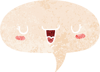 Bir insan tarafından çizilmiş grunge sıkıntılı retro biçiminde konuşma baloncuğu ile sevimli mutlu yüz karikatürü