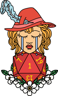 Retro Dövme Tarzı Ağlayan İnsan Ozanı Bir insan tarafından çizilmiş doğal bir D20 zar ile