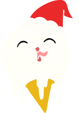 Bir insan tarafından çizilmiş Noel Baba şapkası takan eriyen bir dondurmanın düz renkli çizimi.