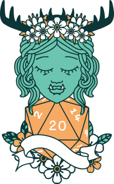 Retro Dövme Biçimi Yarı Ork Druid karakteri Bir insan tarafından çizilmiş doğal 20 zar ile