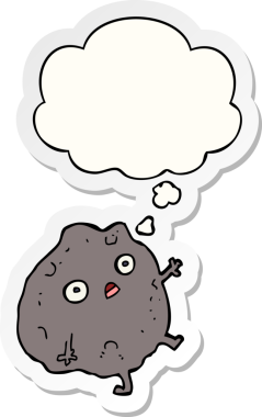 Düşünce baloncuğuyla birlikte bir insan tarafından çizilmiş bir çıkartma gibi düşen karikatür taşı.