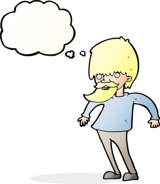 Bir insan tarafından çizilmiş düşünce baloncuğuyla omuzlarını silken sakallı bir adam.