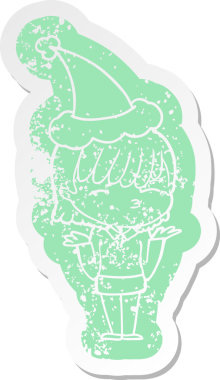 Bir insan tarafından çizilmiş Noel Baba şapkası giyen bir kadının garip bir karikatürü.