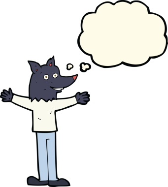 Bir insan tarafından çizilmiş düşünce baloncuğu olan bir kurt adam.