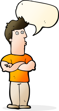 Bir insan tarafından çizilmiş, kolları katlanmış, konuşma balonu olan çizgi film adamı.