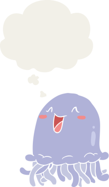 Düşünce baloncuğu olan denizanası çizgi filmi bir insan tarafından çizilmiş.