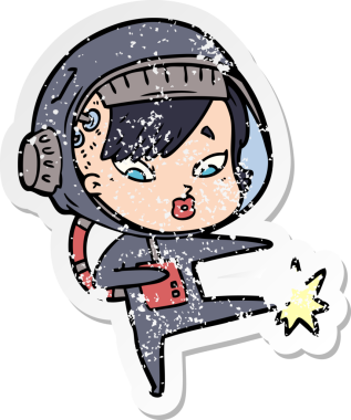 Bir insan tarafından çizilmiş karikatür astronot kadının sıkıntılı çıkartması.