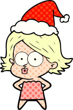 Bir insan tarafından çizilmiş Noel Baba şapkası takan bir kızın el çizimi çizgi roman tasviri.