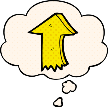 Bir insan tarafından çizilmiş çizgi roman tarzında düşünce baloncuklu ok gösteren çizgi film.