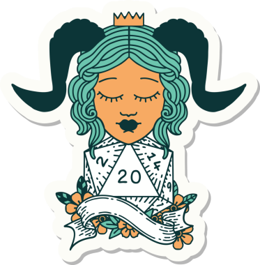 Bir insan tarafından çizilmiş doğal yirmi zarla yapıştırılmış bir etiket.