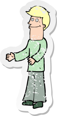 Bir insan tarafından çizilmiş omuzlarını silken bir çizgi film karakterinin gerilmiş çıkartması.