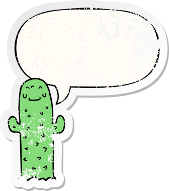 Konuşma baloncuğu olan çizgi film kaktüsü bir insan tarafından çizilmiş sıkıntılı eski bir çıkartma.