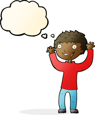 Bir insan tarafından çizilmiş düşünce baloncuğu olan heyecanlı çocuk.