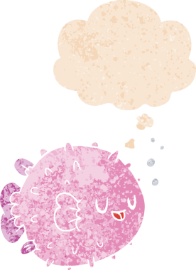 Düşünce baloncuğu ile çizgi film kirpi balığı grunge sıkıntılı retro dokuma bir insan tarafından çizilmiş