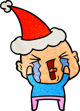 Ağlayan ve Noel Baba şapkası takan kel bir adamın insan tarafından çizilmiş el çizimi karikatürü.