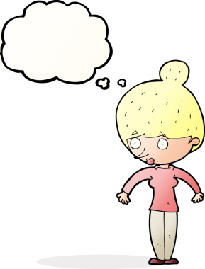 Bir insan tarafından çizilmiş düşünce balonuyla bakan çizgi film kadını.