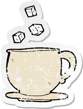 Bir insan tarafından çizilmiş şeker küplü bir çay fincanının retro sıkıntılı yapıştırması.
