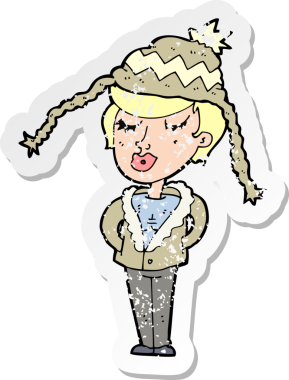 Bir insan tarafından çizilmiş kış şapkası giyen bir karikatür kadının gerilimli çıkartması.