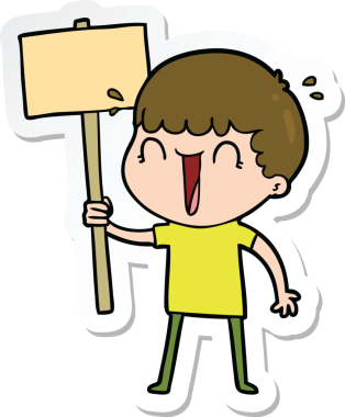 Bir insan tarafından çizilmiş pankart sallayan bir karikatürcünün çıkartması.