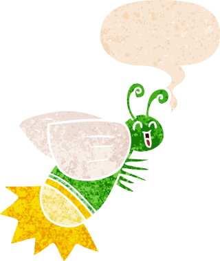 bir insan tarafından çizilmiş grunge sıkıntılı retro desenli konuşma baloncuklu çizgi film böceği