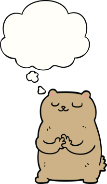 Bir insan tarafından çizilmiş düşünce baloncuklu çizgi film ayısı.