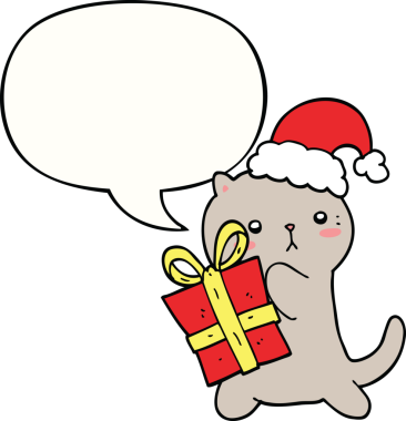 Bir insan tarafından çizilmiş konuşma baloncuğuyla Noel hediyesi taşıyan sevimli çizgi film kedisi.